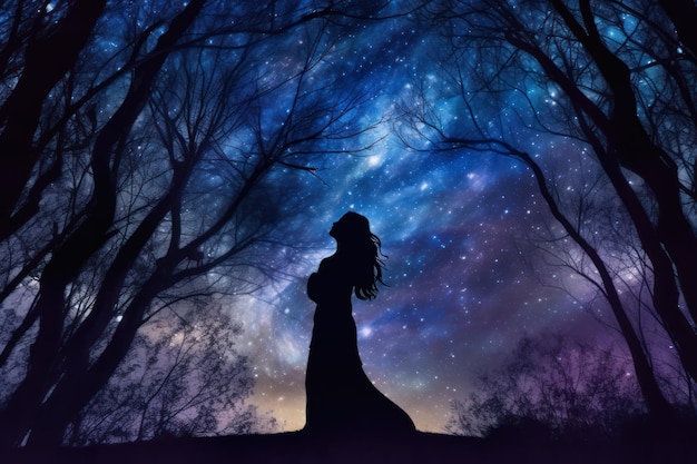 Beautiful woman silhouette in night starry sky generative ai