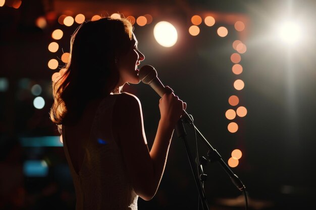 Foto bella donna che canta nel microfono sul palco in una stanza buia bella giovane donna in vista posteriore che canta in un microfono su uno sfondo buio generato dall'ai