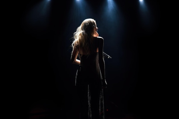 Beautiful woman singing into microphone on stage in a dark room Beautiful young woman full rear view singing into a microphone on a dark background AI Generated