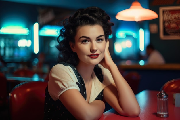 Beautiful Woman Sitting at a 1950s Diner Bar