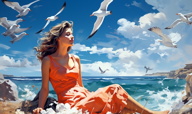 Красивая женщина сидит на пляже с чайками