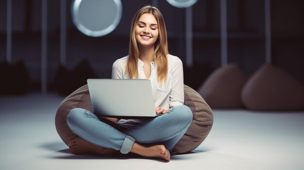 Beautiful woman sitting on the bean bag using laptop