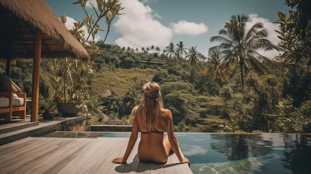 Beautiful Woman Sitting By Pool In Bikini Generative AI young woman with attractive body resting on wooden poolside against tropical Bali landscape