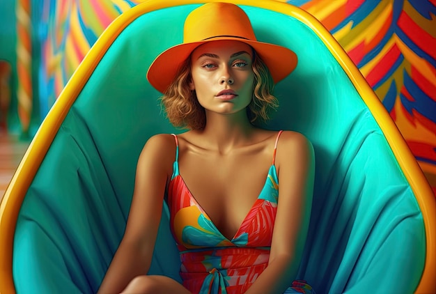 beautiful woman sitting in colorful chair in front of swimming pool in the style of bold fashion