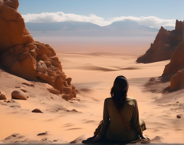 Beautiful woman sitting in the desert