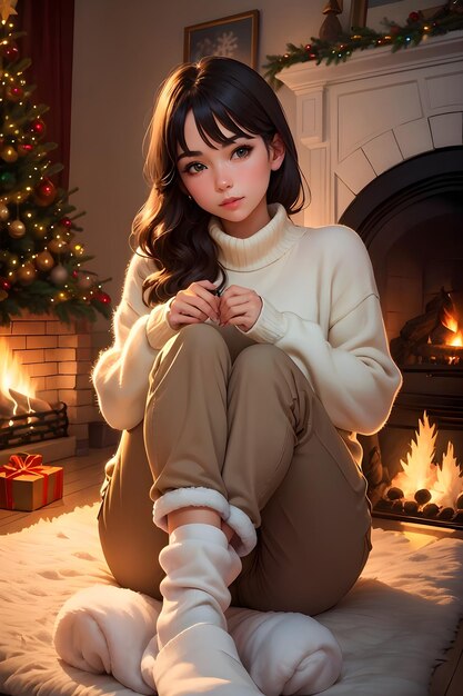 Beautiful woman sitting on floor near fireplace at christmas time