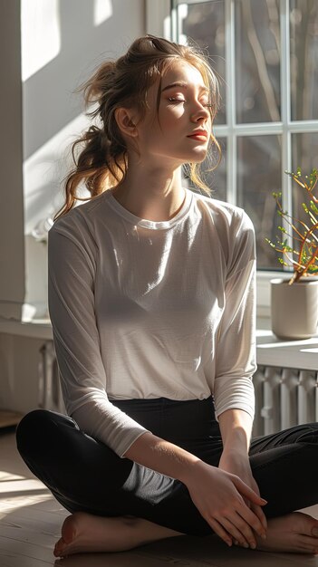 beautiful woman sitting in front of a window