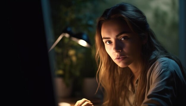 Beautiful woman sitting indoors looking at laptop generated by AI