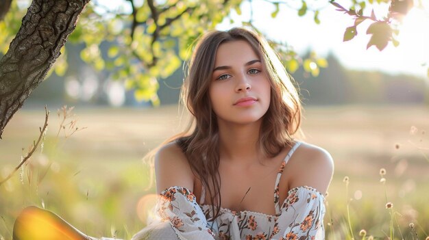 Beautiful Woman Sitting under a Tree