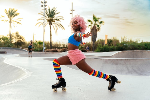 Beautiful woman skating with roller skates and having fun