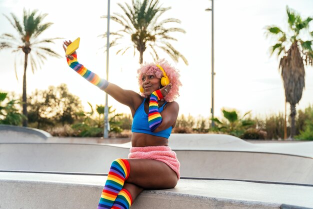 Beautiful woman skating with roller skates and having fun