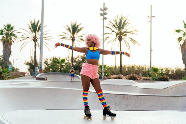 Beautiful woman skating with roller skates and having fun