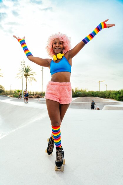 Beautiful woman skating with roller skates and having fun