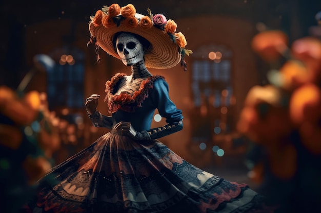 Beautiful woman skeleton dancing mexican for the Day of the Dead Perfect beautiful dia de muertos background Generate Ai