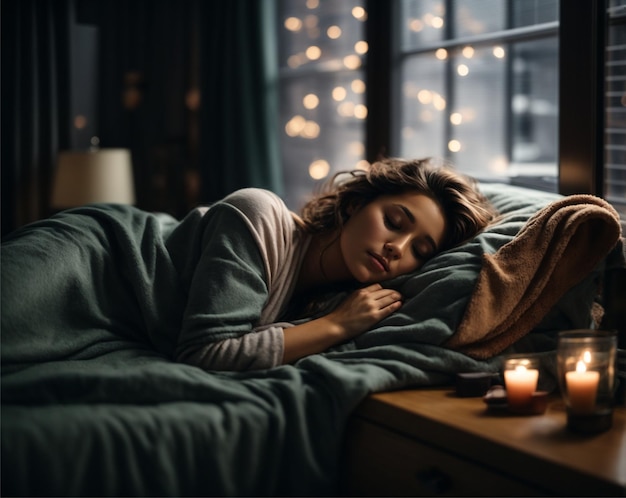 Beautiful Woman Sleeping Peacefully in Her Bed at Night