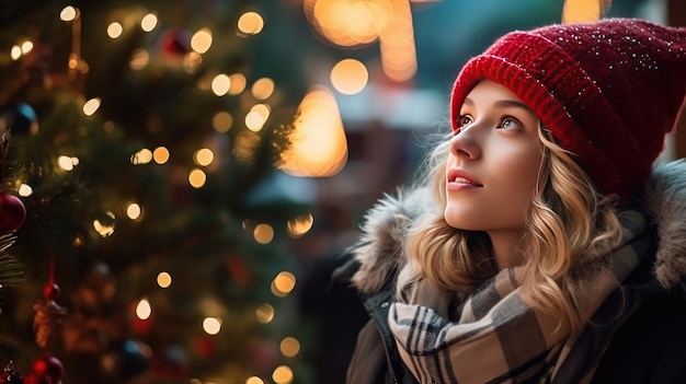 a beautiful woman smelling a christmas tree at a christmas treestack at outdoor created with Generative Al technology