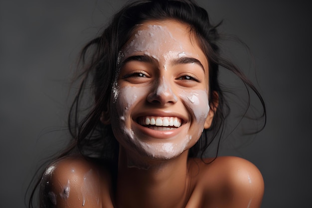 Beautiful woman smiling in a facial mask showcasing skin care