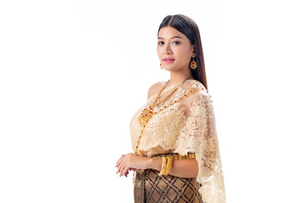 Beautiful woman smiling in national traditional costume of Thailand. Isolate