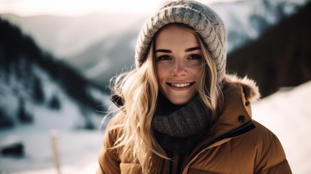 눈 덮인 산에서 따뜻한 재킷을 입고 웃고 있는 아름다운 여성