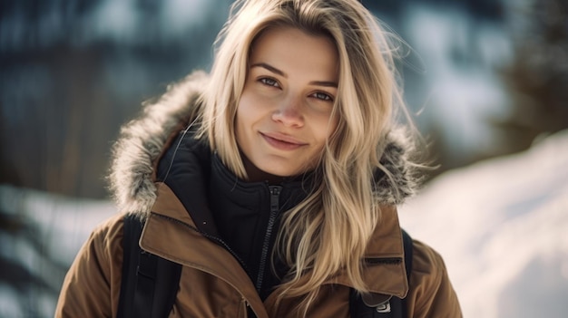 눈 덮인 산에서 따뜻한 재킷을 입고 웃고 있는 아름다운 여성