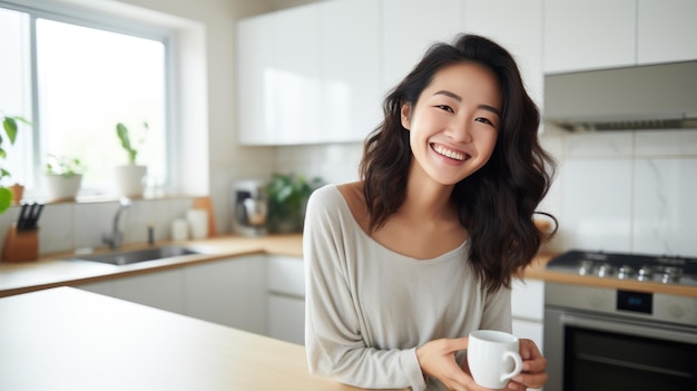 自宅のキッチンでコーヒーを飲みながら微笑む美しい女性