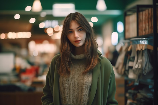 A beautiful woman stand on the front of closthes shop