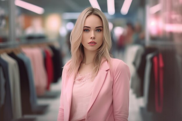 A beautiful woman stand on the front of closthes shop