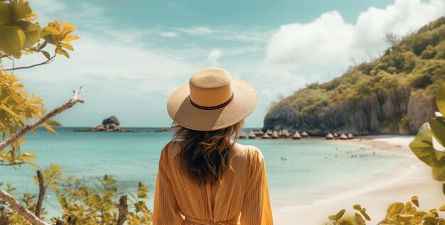 Beautiful woman standing back in front of white sand on the beach in style of happy Generative AI