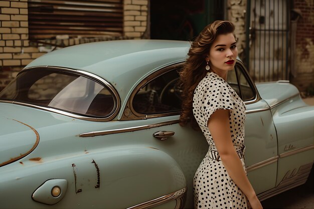 Beautiful Woman Standing Beside Vintage Car