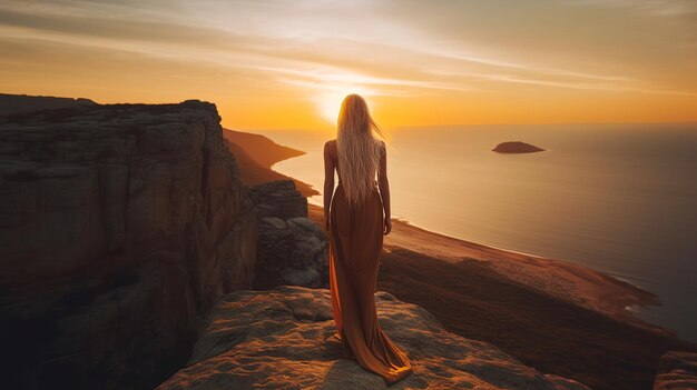 beautiful woman standing on the cliff and looking at sunset