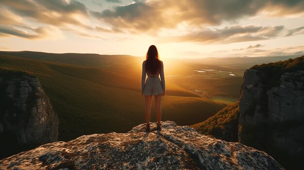 beautiful woman standing on the cliff and looking at sunset