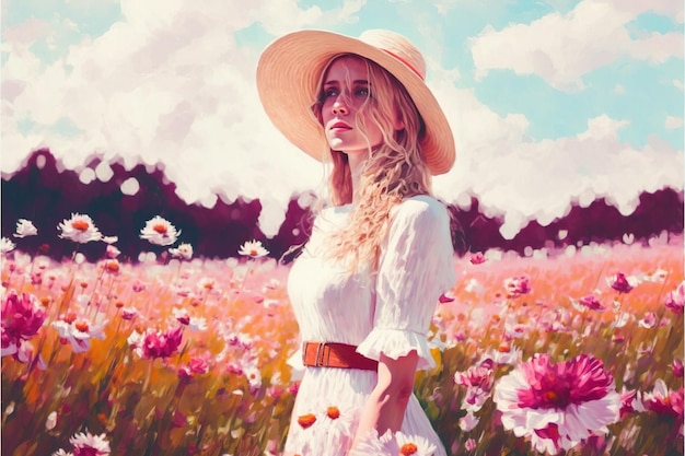 夏の日に花畑に立っている美しい女性デジタル アート スタイル イラスト絵画牧草地に立っているかわいい女の子のファンタジー イラスト