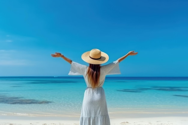 Beautiful woman standing front of beach feel relax and freedom in summer