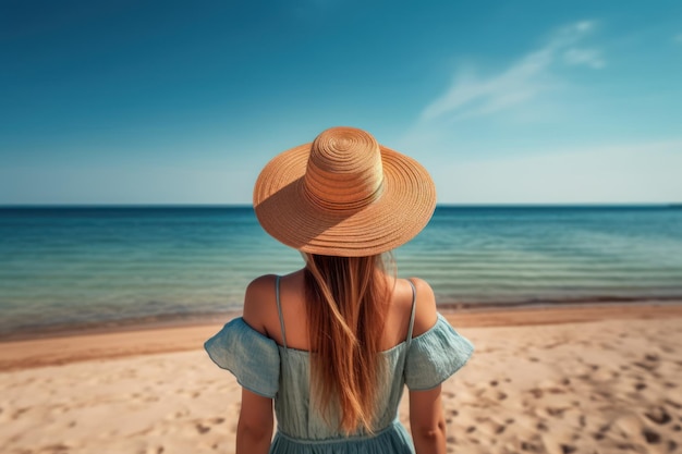 Beautiful woman standing front of beach feel relax and freedom in summer