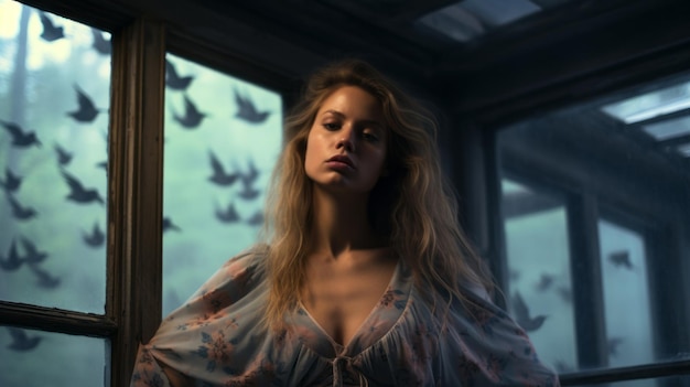 a beautiful woman standing in front of a window with birds flying around her