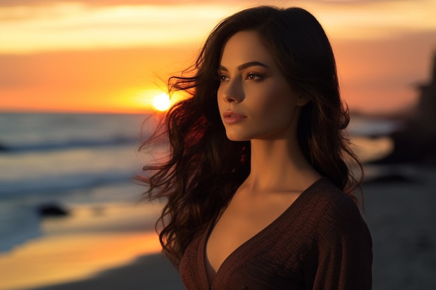 Beautiful woman standing and looking at the sky at the seaside at sunset time