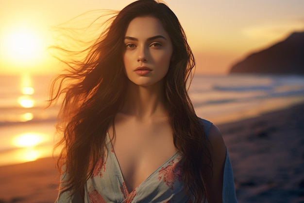 Beautiful woman standing and looking at the sky at the seaside at sunset time