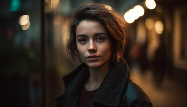 Beautiful woman standing outdoors looking at camera generated by AI