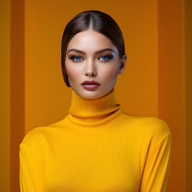 オレンジ色の壁に黄色いセーターを着た美しい女性がAIで生成されました