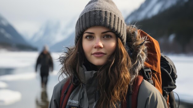 Foto una bella donna si trova vicino a un lago ghiacciato ai generativa