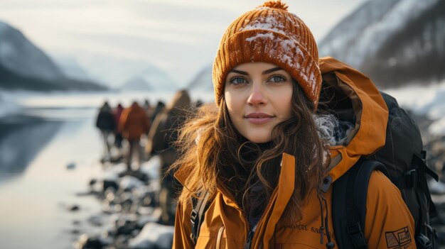 A beautiful woman stands near an icy lake Generative AI