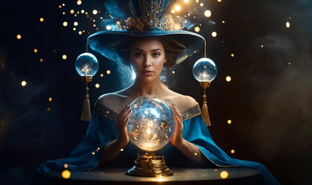 Красивая женщина-рассказчик держит волшебный шар, который может предсказать будущее, созданное И.