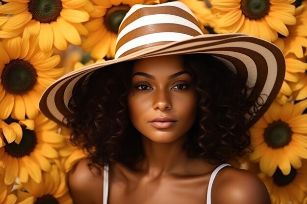 ひまわり畑に立つ麦わら帽子をかぶった美しい女性