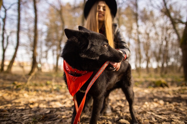 美しい女性が彼女の犬を屋外でなでる