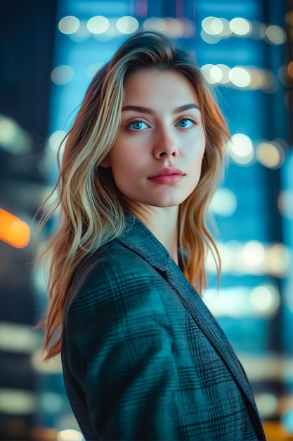 A beautiful woman in a suit standing in front of a city