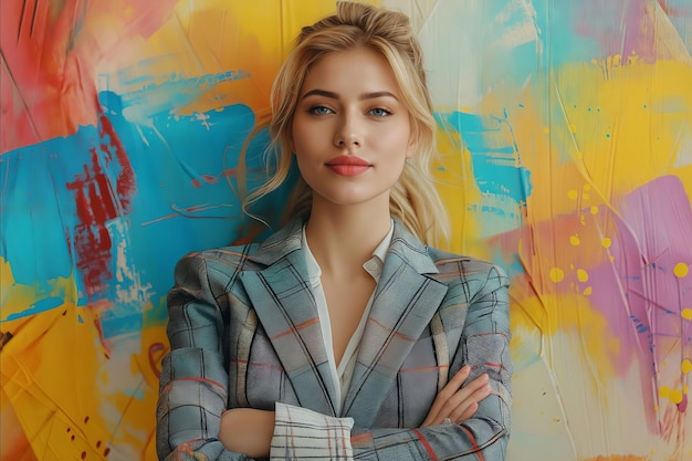 A beautiful woman in a suit standing in front of a colorful wall