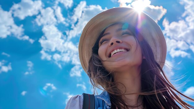 Foto bella donna in vacanza estiva ritratto di persona felice in vista a basso angolo contro b ia generativa