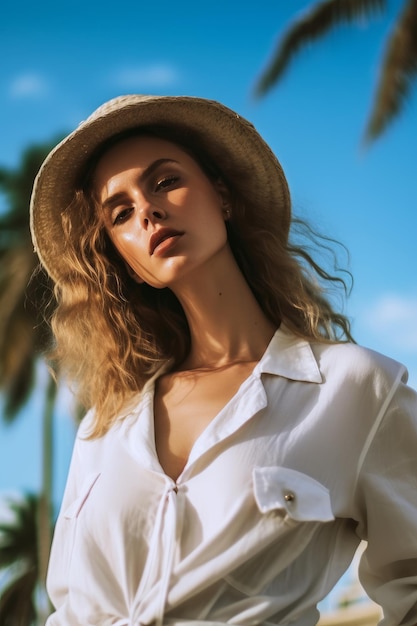 Beautiful woman in the summer with a hat