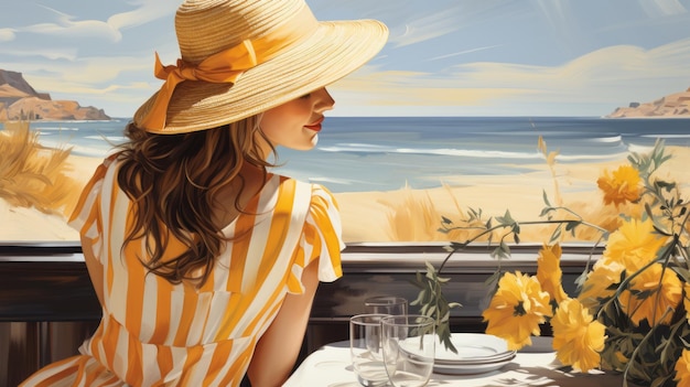 유럽 해변을 즐기는 태양 모자에 아름 다운 여자