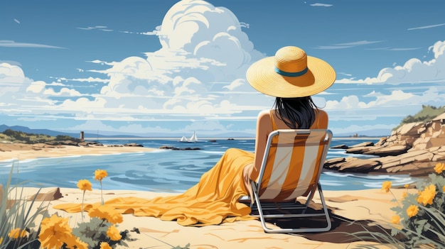 Beautiful woman in a sun hat enjoying the European beach